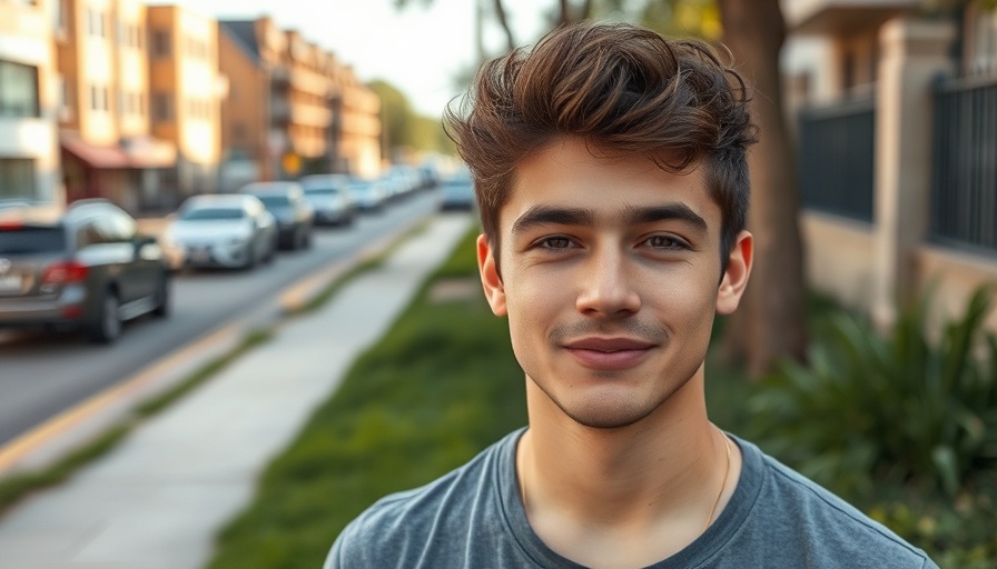 Portrait of young man in urban area near Houston METRO bus stop