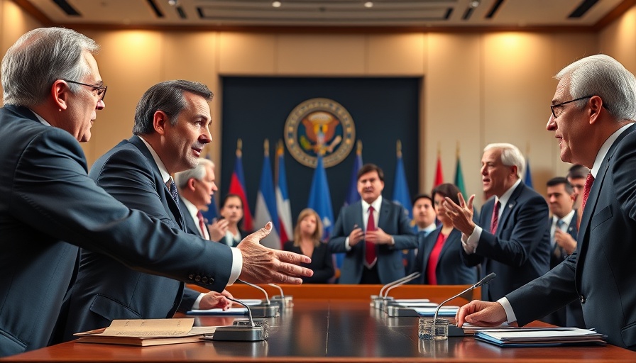 Animated figures debate in conference hall, vibrant political scene.