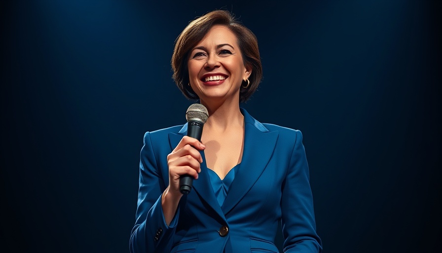 Elegant woman in blue suit smiling while holding a microphone.