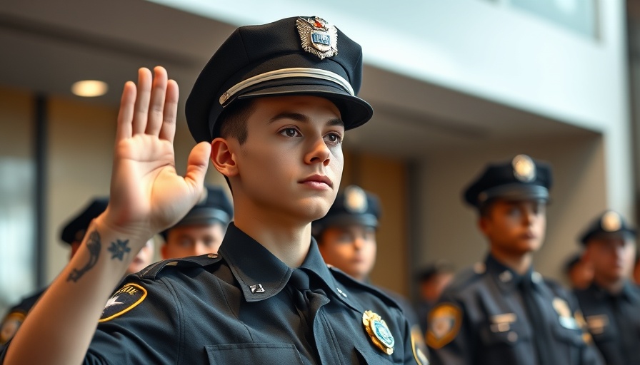 Young police officer raising hand in ceremony.