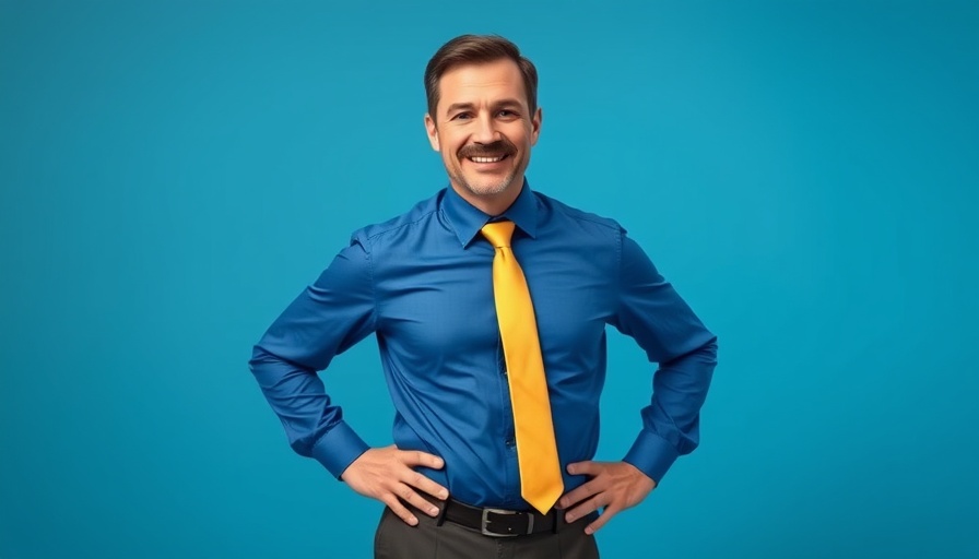 Confident middle-aged man promoting live show, Healthy Aging Insights focus.