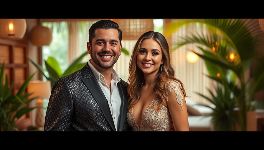 Reality TV hosts in a tropical setting with sequined outfits.