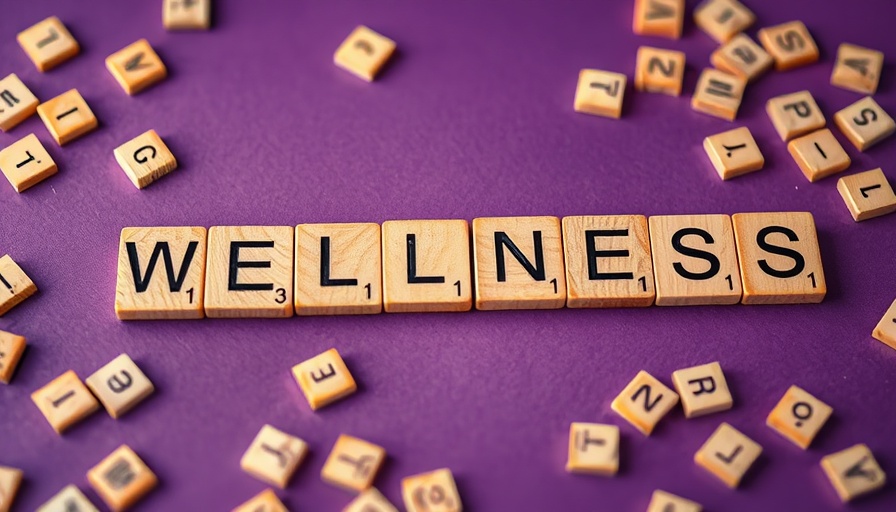 Wooden tiles forming 'WELLNESS' on purple background, emphasizing health and wellness.