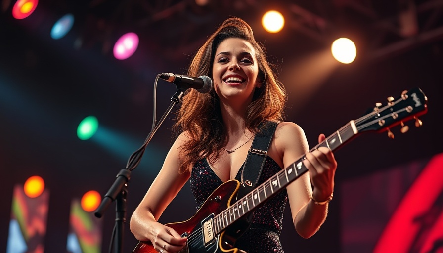 Energetic female singer performing on stage, vibrant concert lighting.