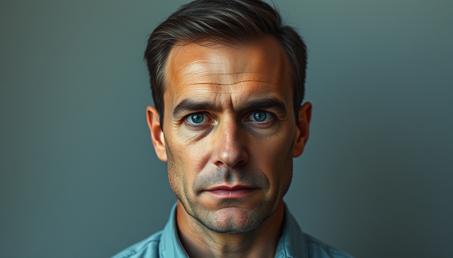 Photorealistic close-up of serious man, gray background.