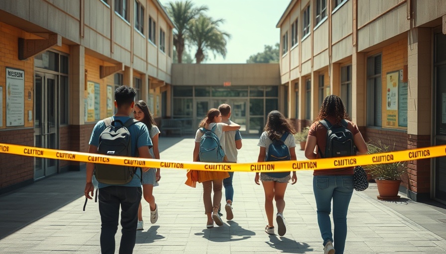 Vibrant school scene with students amid tense atmosphere, Arizona school.