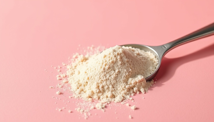 Scoop of best protein powder on pink surface.