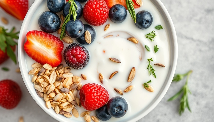 Nutritious breakfast bowl with yogurt, berries, and seeds for healthy aging nutrition.