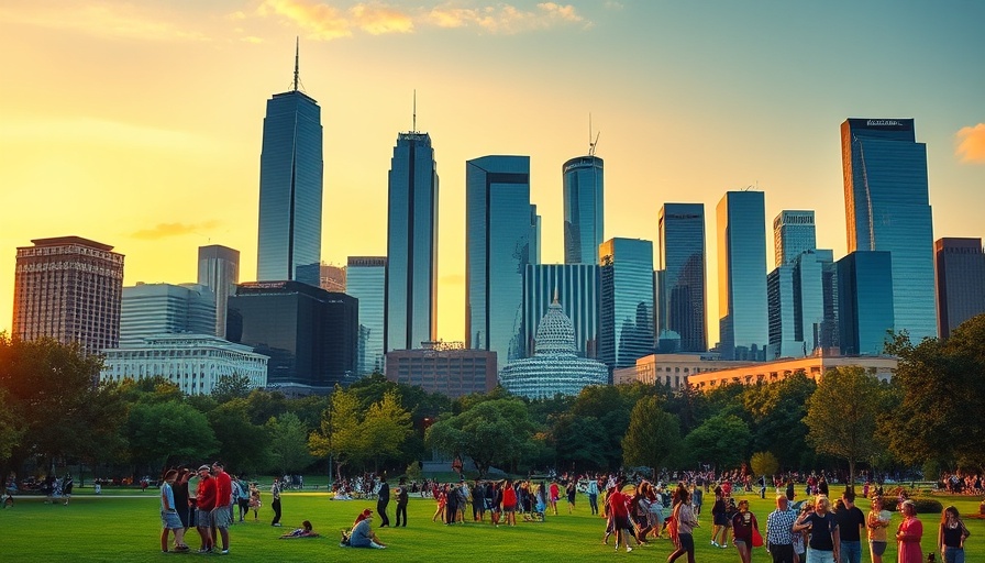Houston skyline at sunset with people in park, Houston entertainment guide