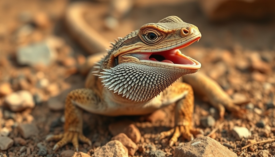 Close-up of a bearded dragon with an open mouth on rocky ground.