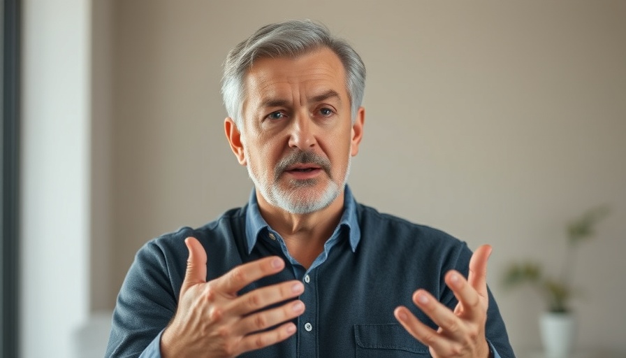 Middle-aged man discussing normal blood sugar levels indoors.