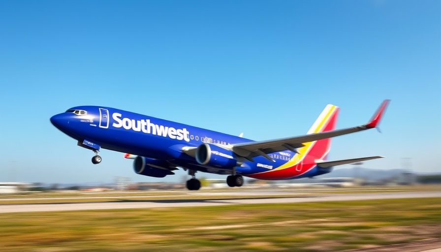 Southwest Airlines plane on runway with blurred motion, clear sky.