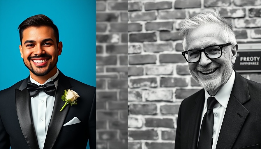 Contrasting portraits of two smiling men, one in color and one in black and white.