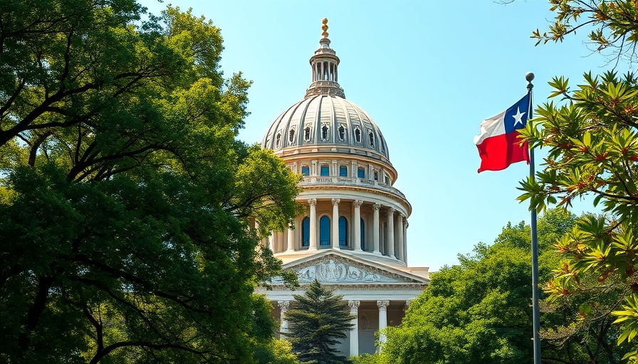 Texas State Capitol dome framed by trees, flags waving, clear sky.