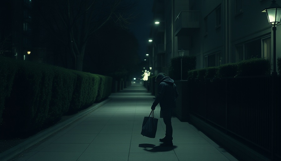 California scene at night with a person by a building.