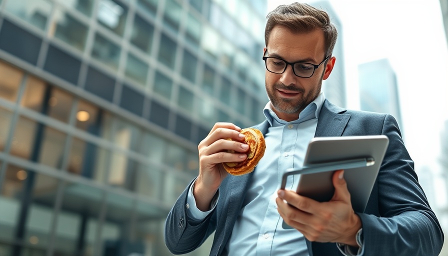 Busy professional eating sandwich on-the-go near office.