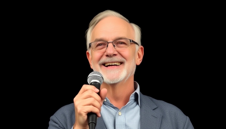 Smiling older man holding a microphone, relaxed posture