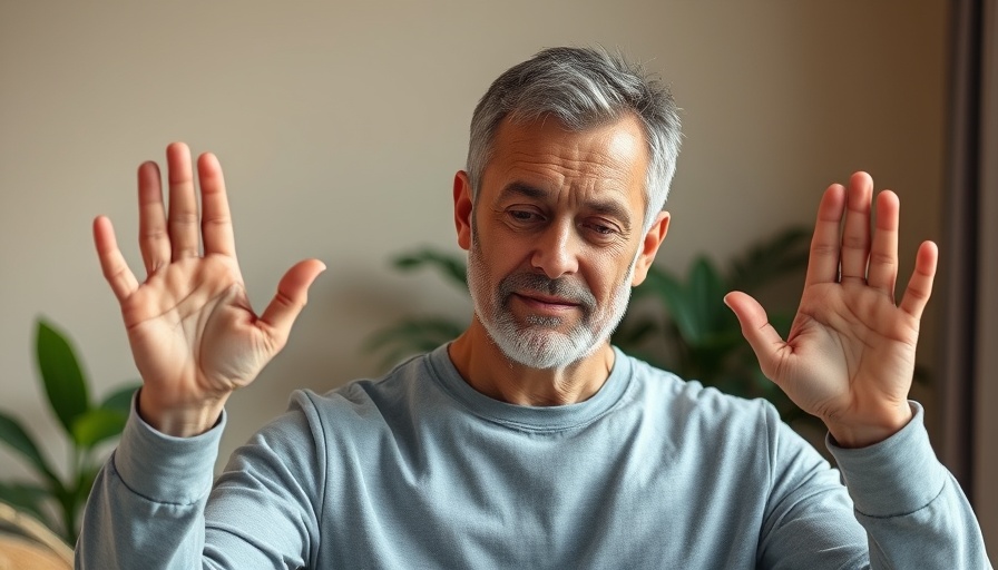 Middle-aged man showing stress relief techniques indoors.