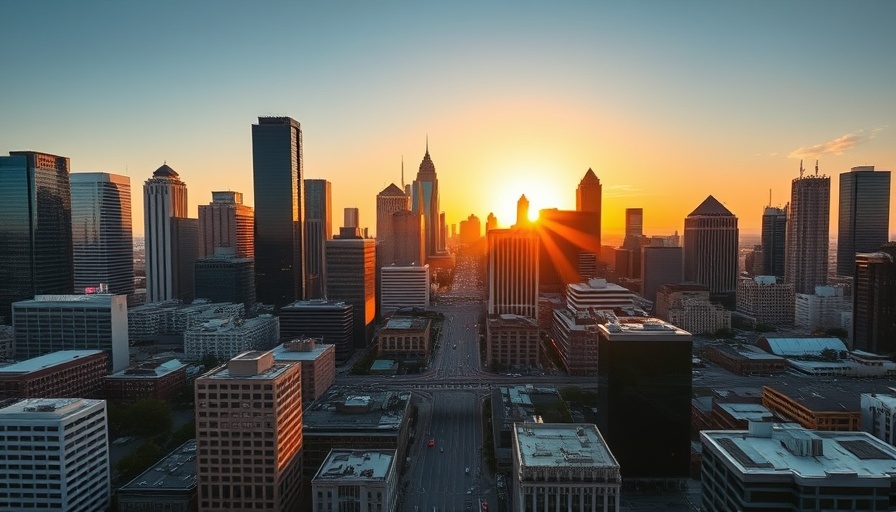 Dallas office market view at sunrise with city skyline.