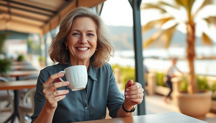 Middle-aged woman enjoying coffee outdoors, combating menopause misinformation.