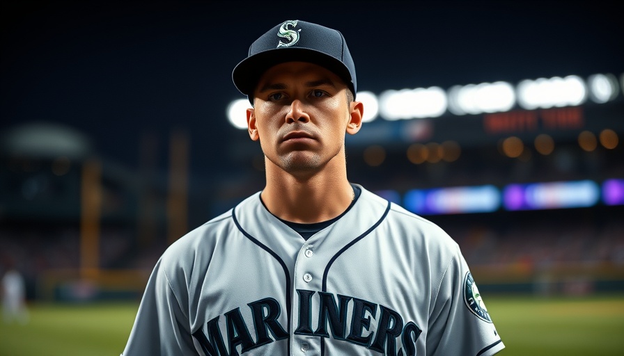 Focused Mariners pitcher during a game with blurred stadium backdrop.