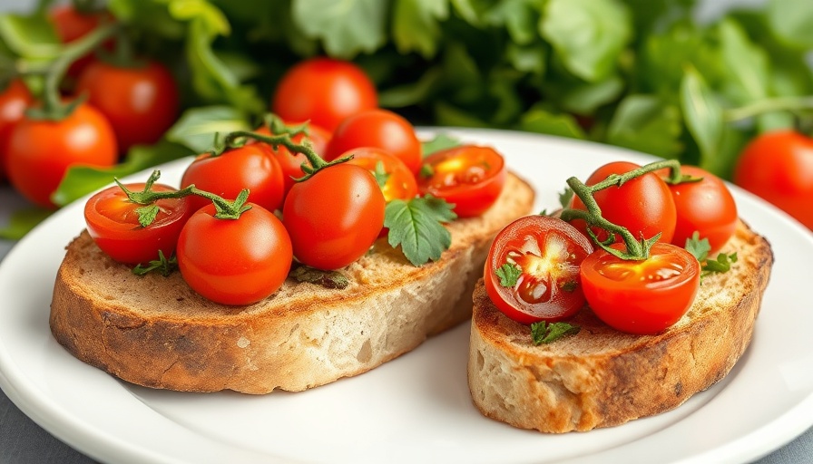 Healthy bruschetta with cherry tomatoes on a white plate.