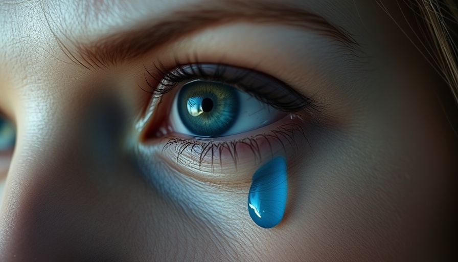 Close-up of a woman's eye with blue tear expressing emotion, related to emotional wellness in Peloton workouts.