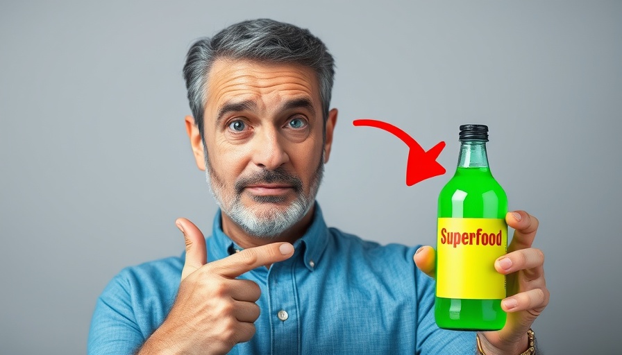 Man promoting a glowing green superfood bottle, mental wellness for seniors.