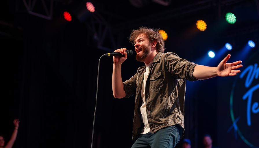 Energetic performer with microphone on dimly lit stage.