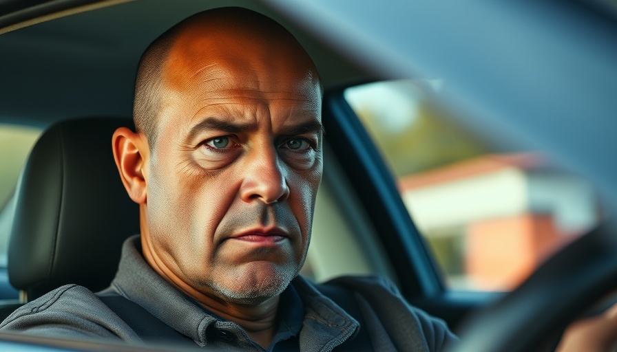 Concerned bald man in car, mistakenly released inmate.