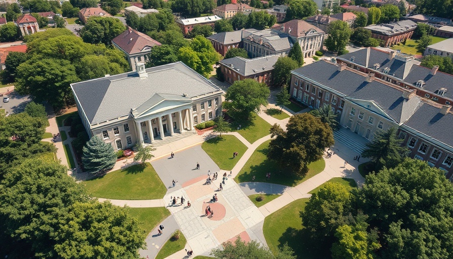 Villanova University aerial view with buildings and greenery on a sunny day.