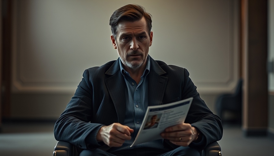 Solemn man reflecting on visa denial, holding documents, indoors.