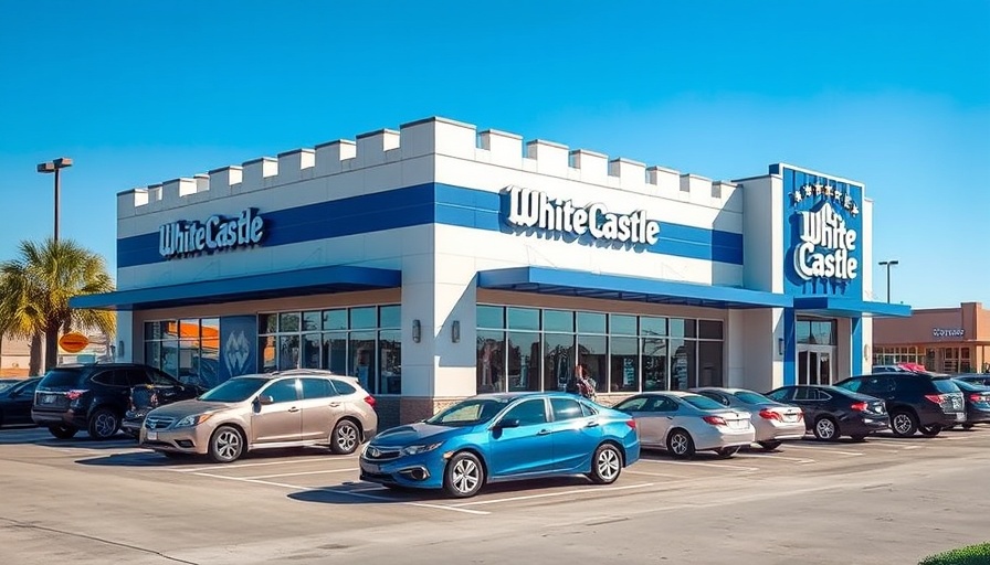 Modern White Castle in Texas with iconic signage and cars.