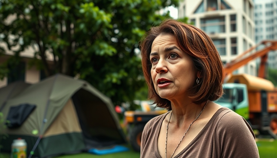 Homelessness crisis depiction with concerned woman and urban campsite.