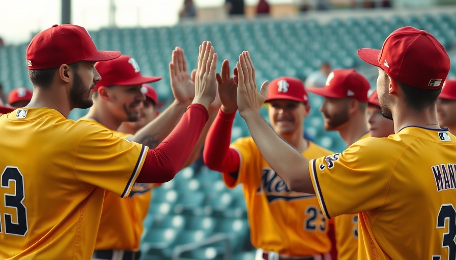 Baseball team celebrates victory with high fives in colorful jerseys.