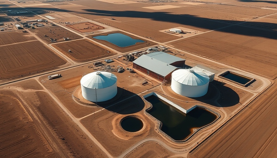 Aerial view of Colorado dairy farm with storage tanks and buildings, dry landscape.