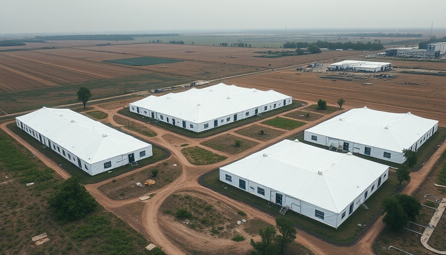 Aerial photo of a Florida immigration detention facility, white tents in open field.