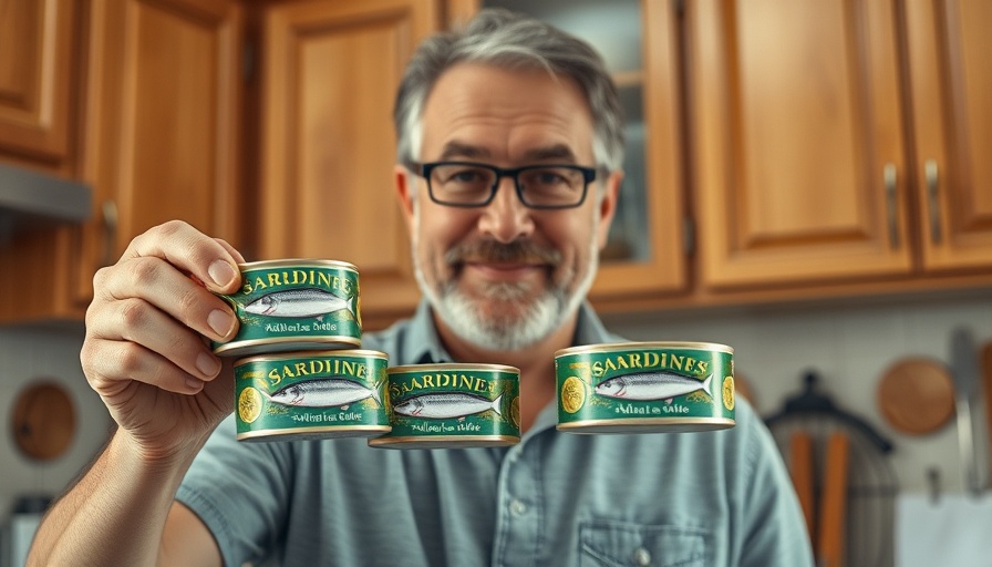 Middle-aged man promoting sardines for healthier food choices for seniors.