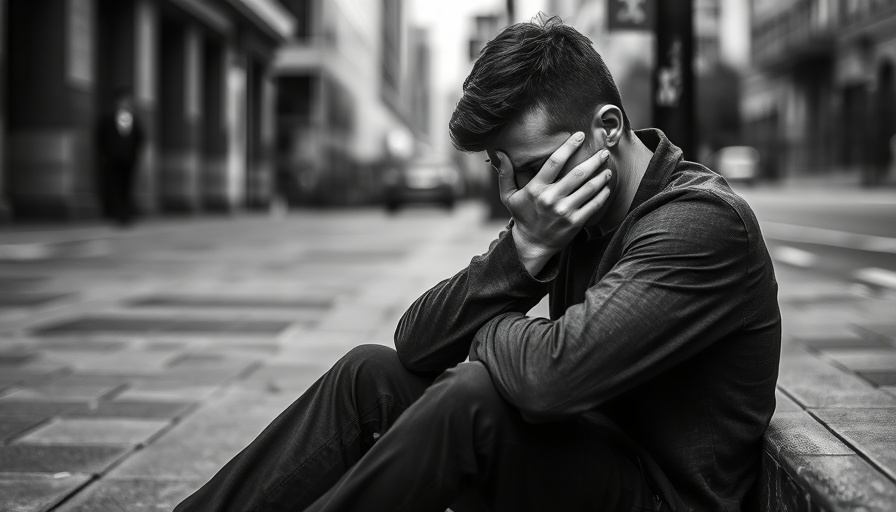 Man expressing sadness on a sidewalk, depicting depression health and wellness.