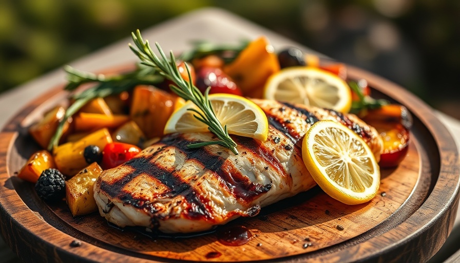 Grilled chicken with vegetables and lemon, rustic healthy dish.