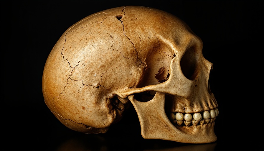 Ancient human skull fossil viewed from the side, dark background.
