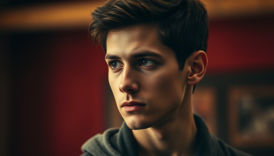 Contemplative young man with serious expression under soft lighting.