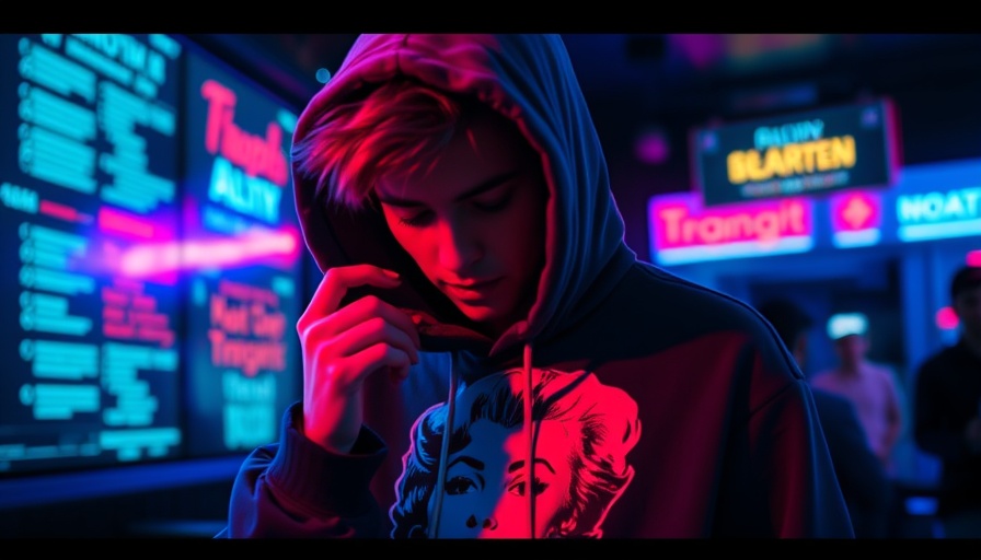 Person in Marilyn Monroe hoodie in blurry, neon-lit setting.
