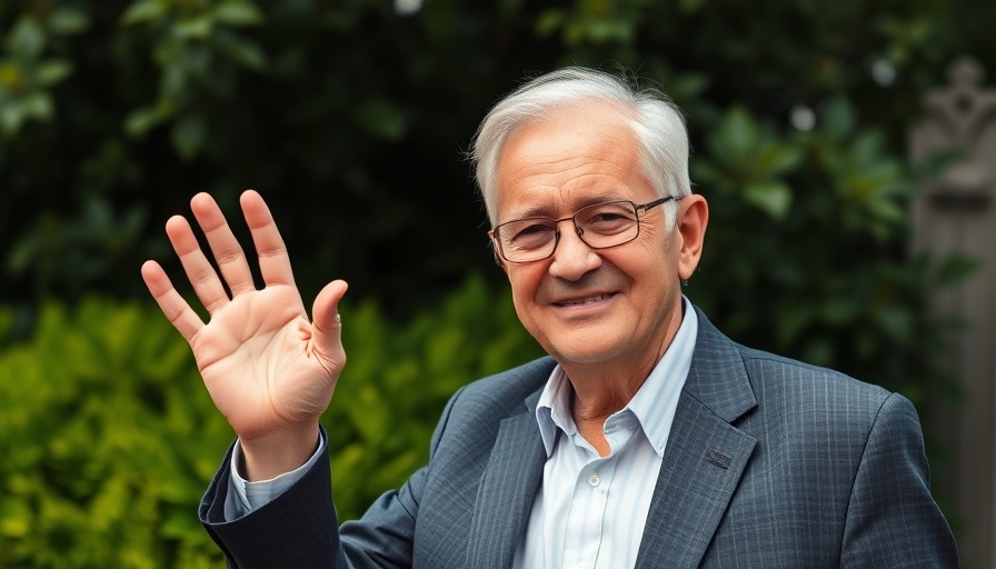 Elderly man waving outside, FBI investigations context, lush greenery background.