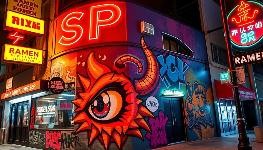 Colorful mural on Austin ramen shop showcases vibrant nightlife.