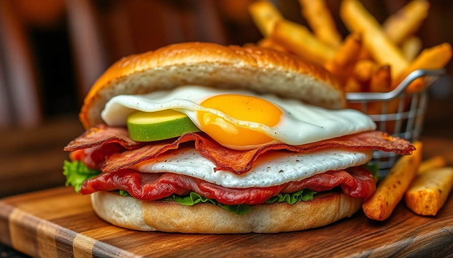 Dallas brunch with cocktail towers featuring a hearty breakfast sandwich and potatoes.