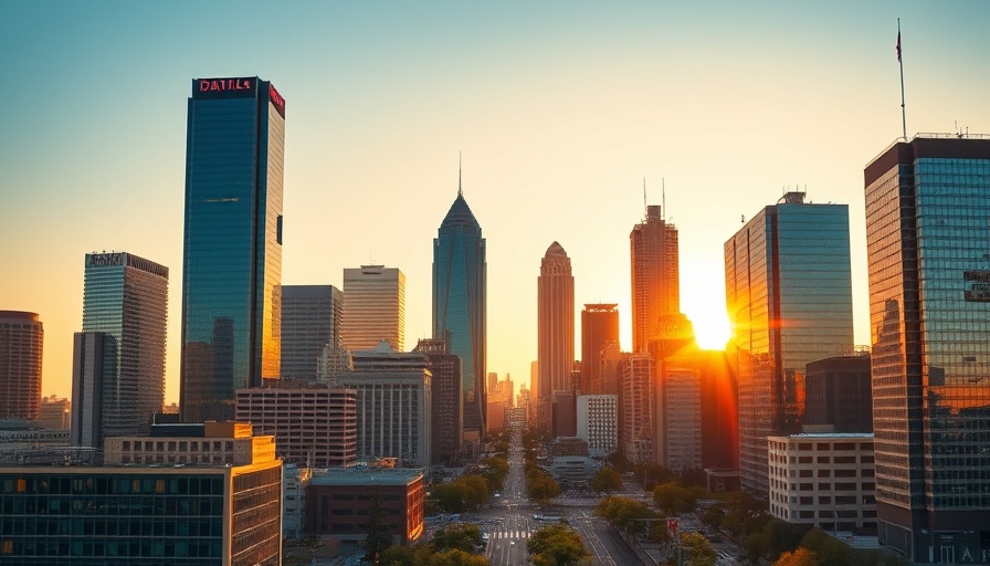 Dallas business news featuring city skyline at sunset.