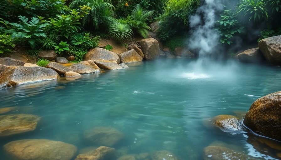 Tranquil hot spring surrounded by greenery and steam, promoting health and wellness.