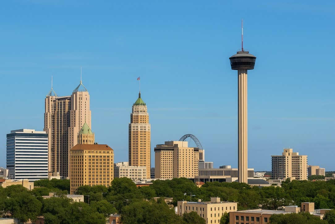 San Antonio skyline with observation tower and highways on a clear day.