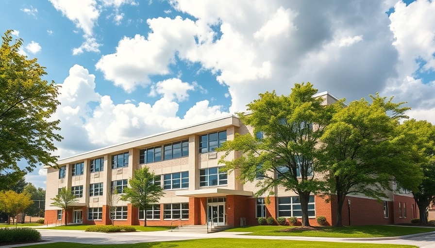 Modern San Antonio high school exterior with trees and clouds